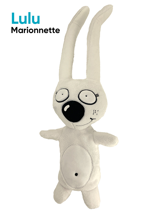 Marionnette en peluche de Lulu, un lapin attachant des méthodes de lecture Lire au CP et Français au CE1 avec Fil et Lulu publiés par Accès éditions.